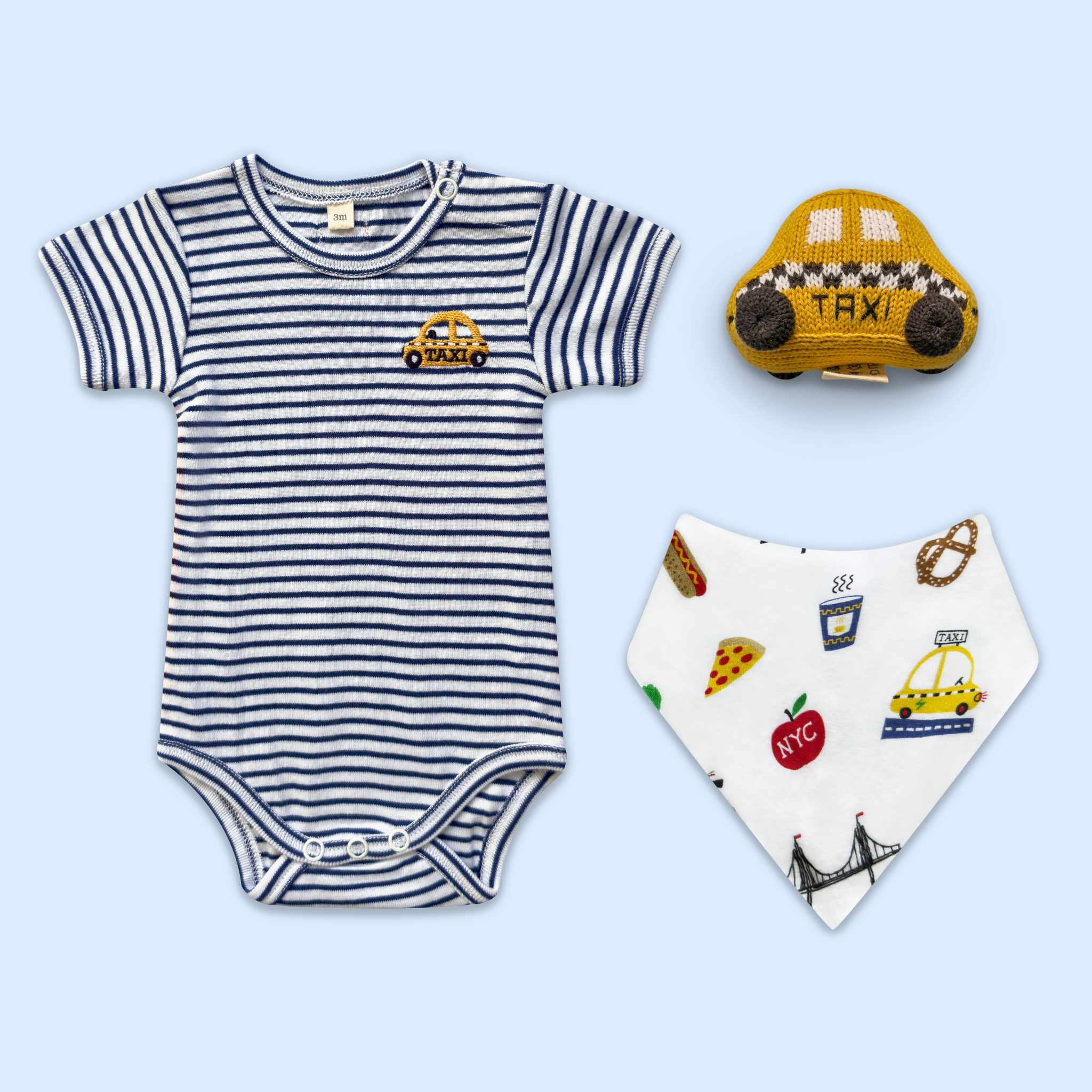Estella Baby Gift Set, NYC theme with Striped Organic Taxi Bodysuit, Bib & Rattle Toy