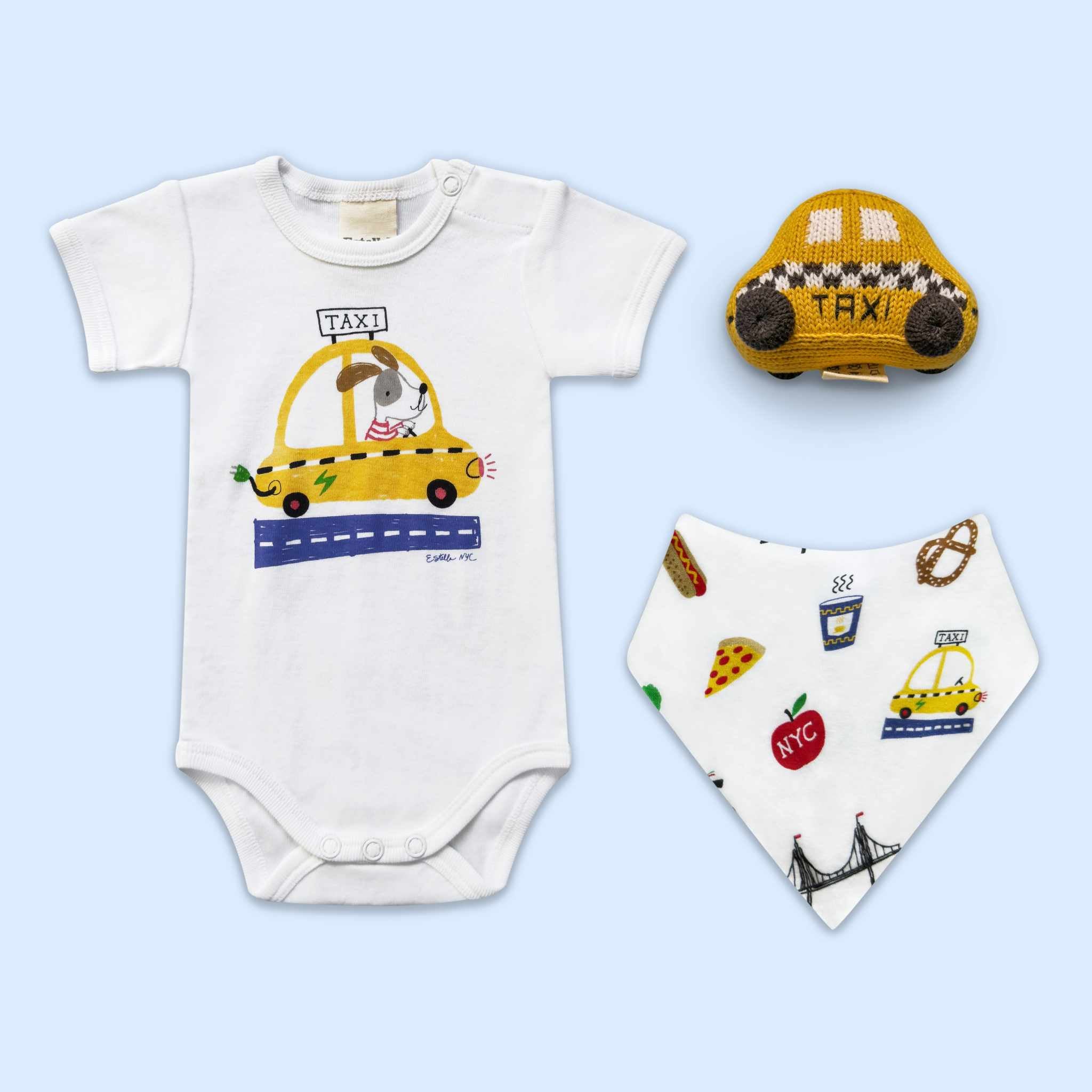 Estella Baby Gift Set, NYC theme with White Organic Taxi Bodysuit, Bib & Rattle Toy