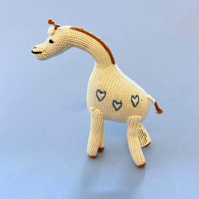 Giraffe Baby Toy - Organic Newborn Rattle - Blue Hearts