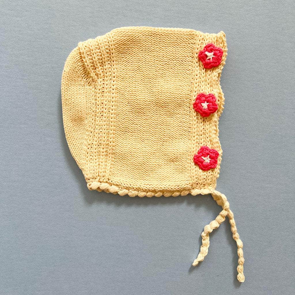 Organic Baby Bonnet Hats, Hand knit - 0-3 M