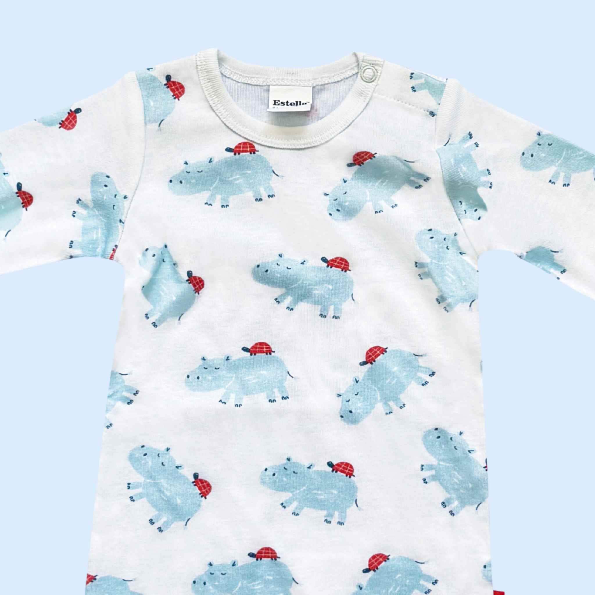 Estella Baby Clothes Organic Rompers in Long Sleeve with Blue Hippo and Turtle Print. Detail showing neckline and snap closure
