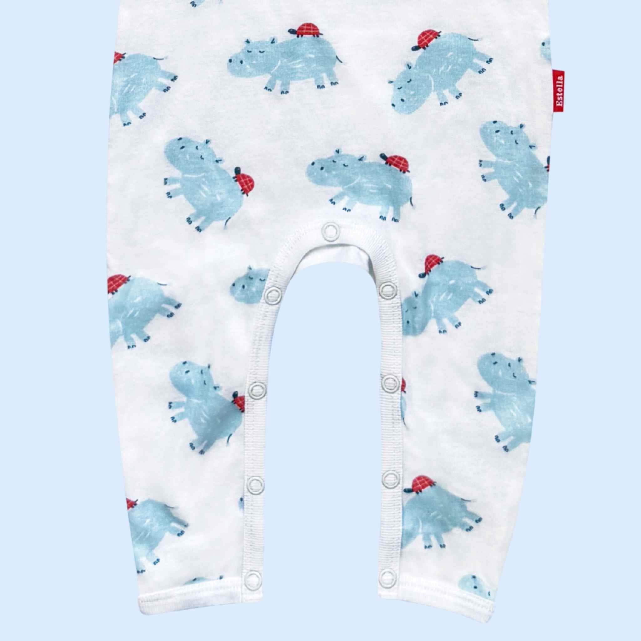 Estella Baby Clothes Organic Rompers in Long Sleeve with Blue Hippo and Turtle Print. Detail showing crotch and snap closure