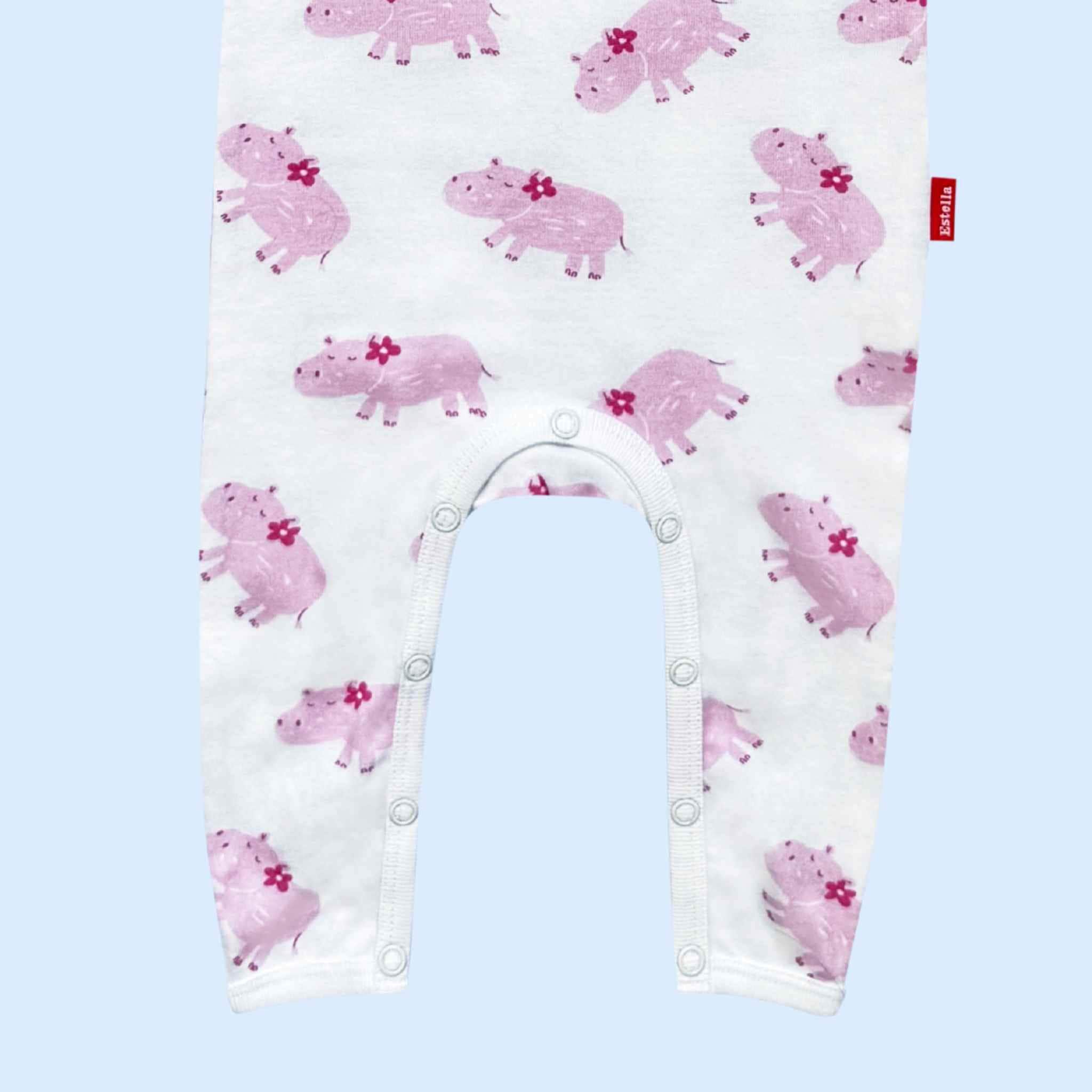 Estella Baby Clothes Organic Rompers in Long Sleeve with Pink Hippo and Floral Print. Detail showing crotch and snap closure
