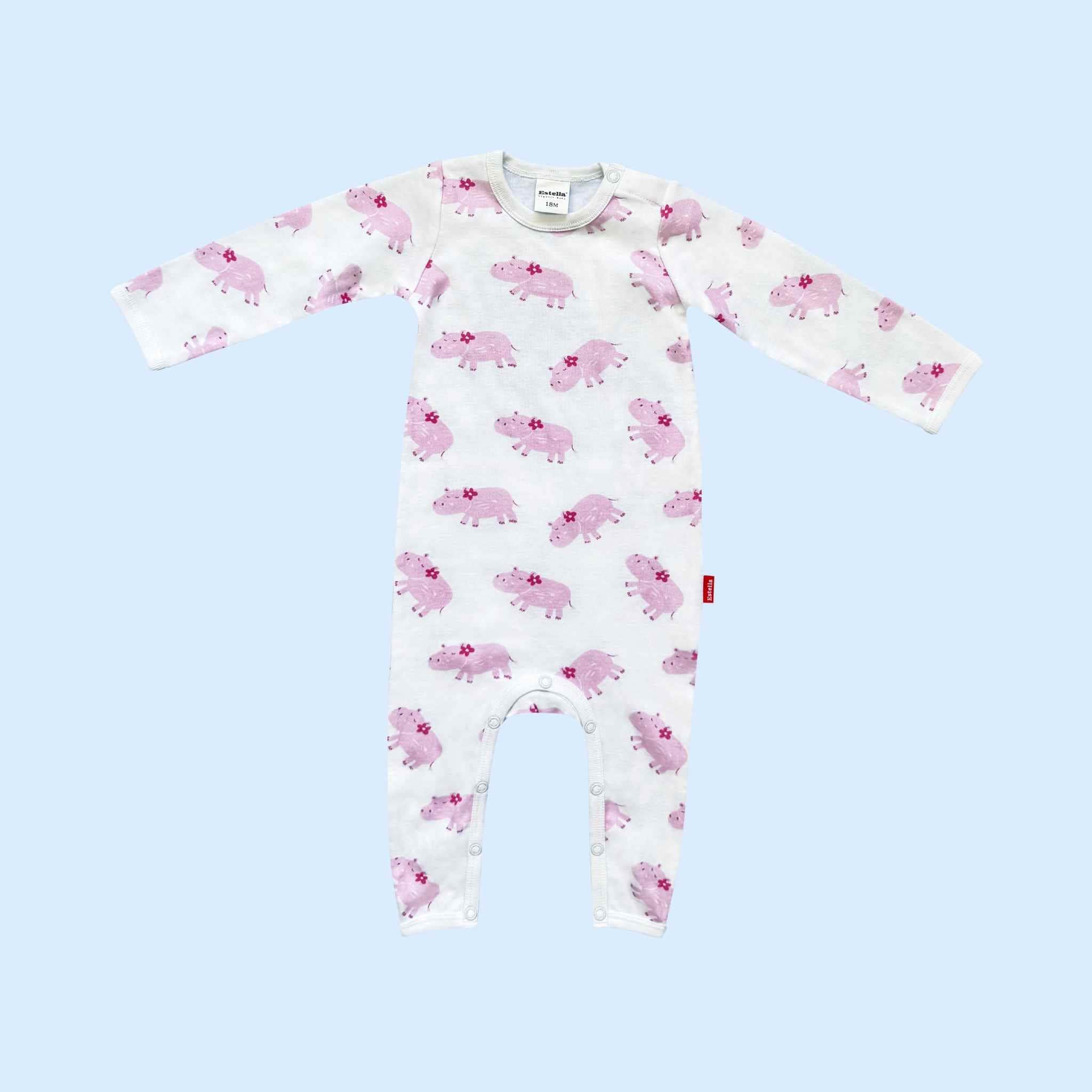 Estella Baby Clothes Organic Rompers in Long Sleeve with Pink Hippo and Floral Print