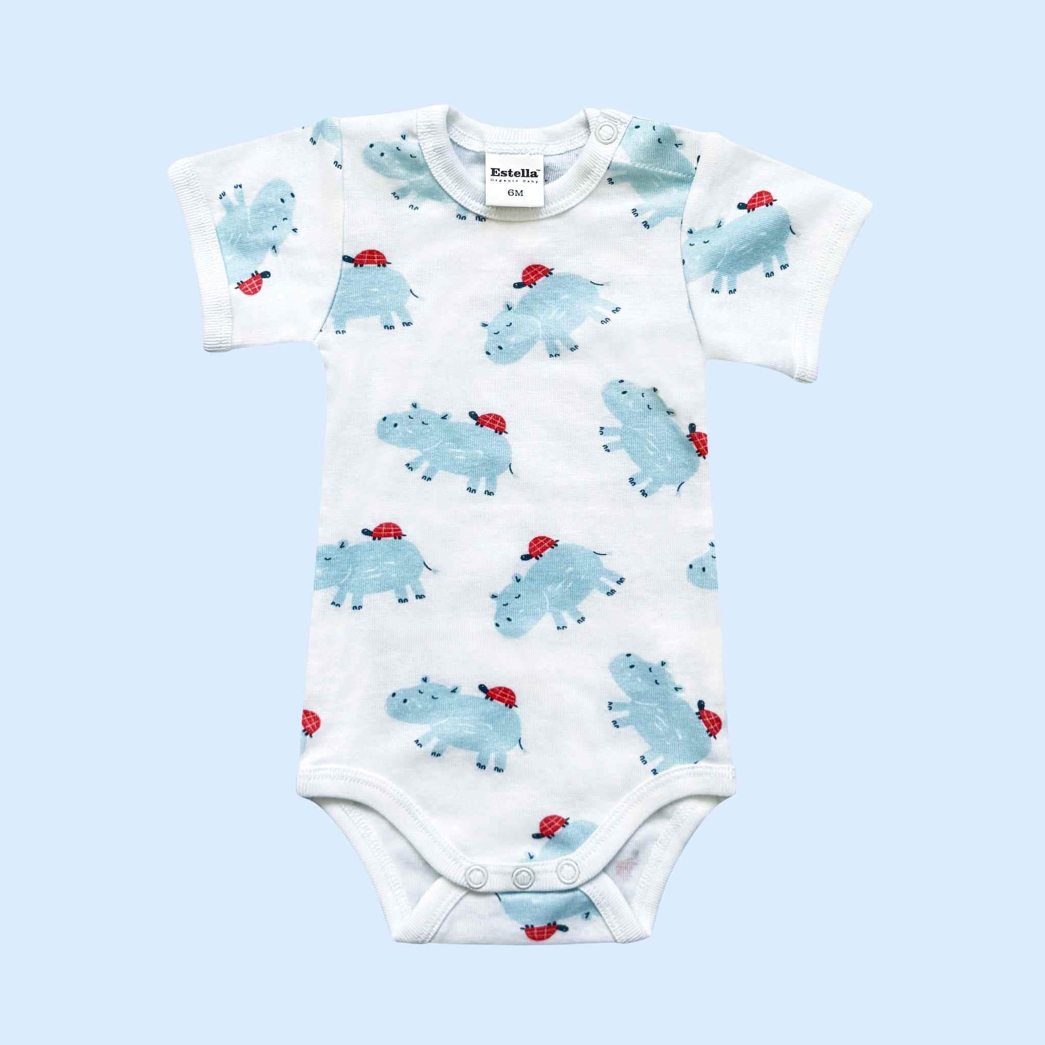 Estella Baby Clothes Organic Onesie with Blue Hippo and Turtle Print