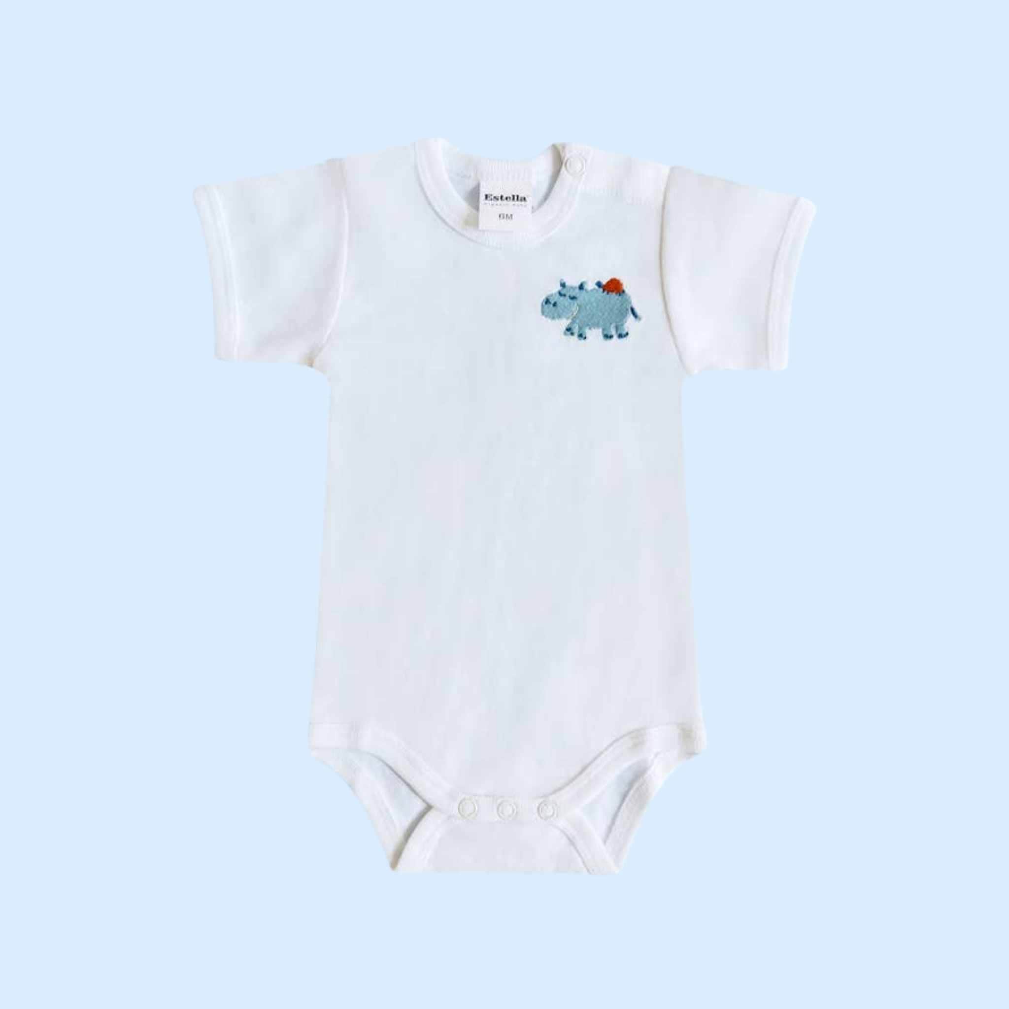 Estella Baby Clothes Blue / 0-3 M Hippo Organic Baby Bodysuit with Embroidery