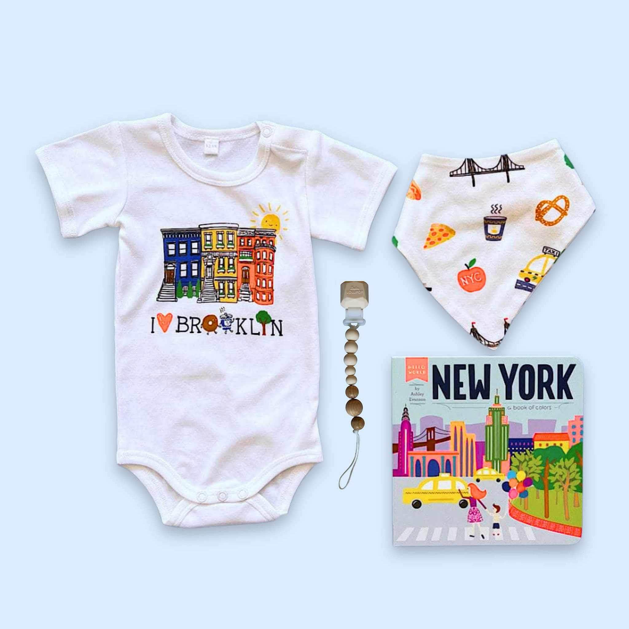 Brooklyn Bliss Baby Set – Organic Onesie, NYC Bib, Book & Pacifier