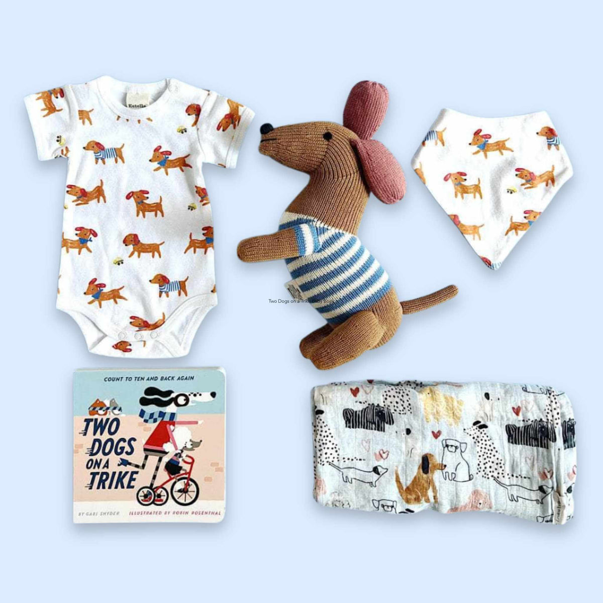 Dog Print Baby Bodysuit, Bib, Swaddle, Book Toy - Main Image