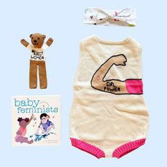 Girl Power Baby Gift Set: Knit Romper, Bear, Headband & Book