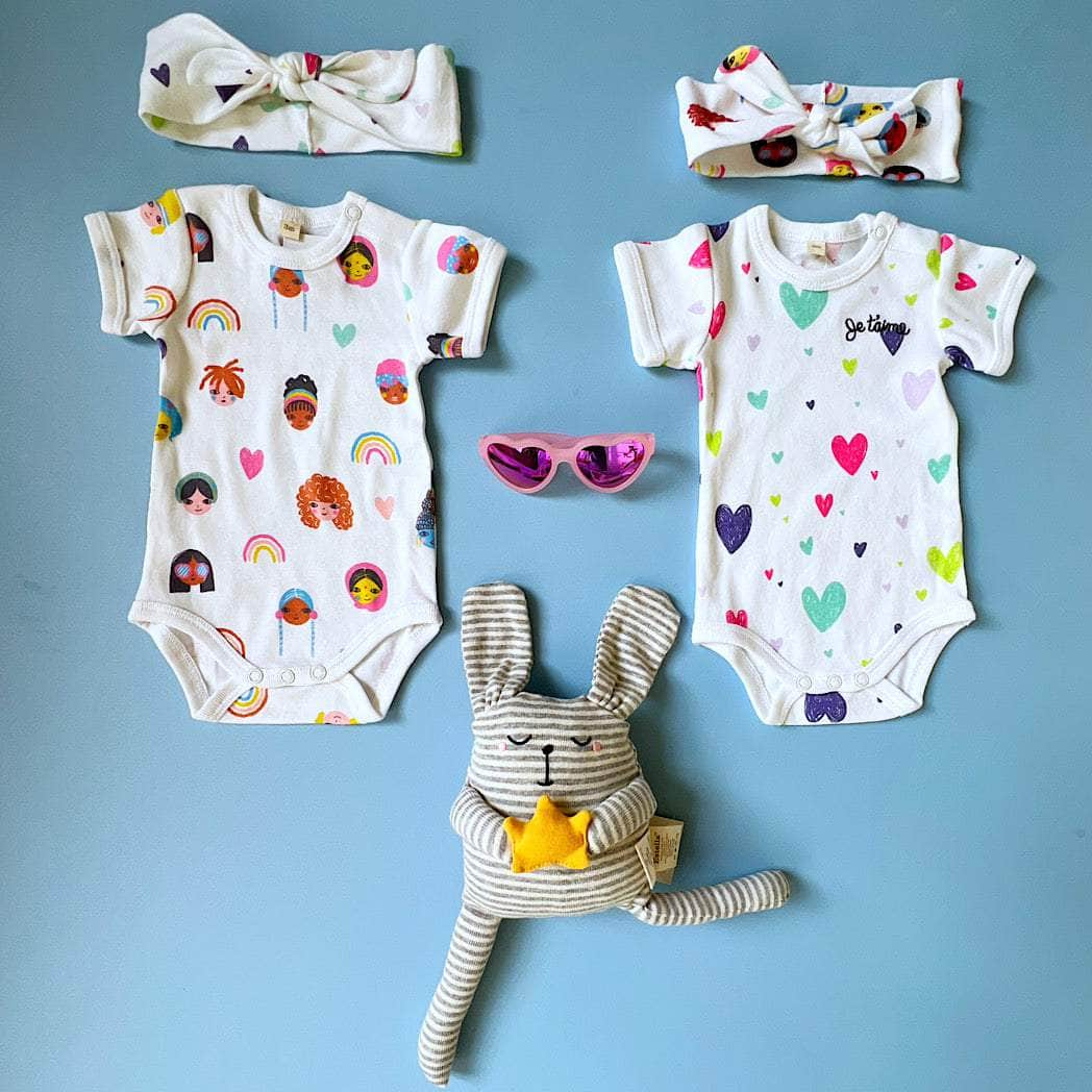 Little Girl's Rainbow Gift Set: Rompers, Bows & Plush Friend - 0-3 M