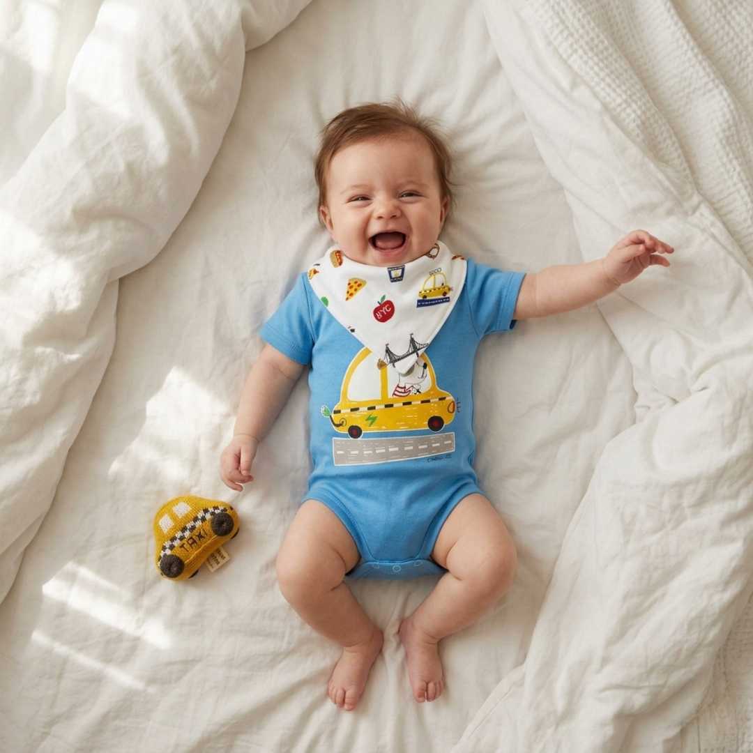 NYC Taxi Baby Gift Set | Organic Bodysuit Rattle & Bib | Estella