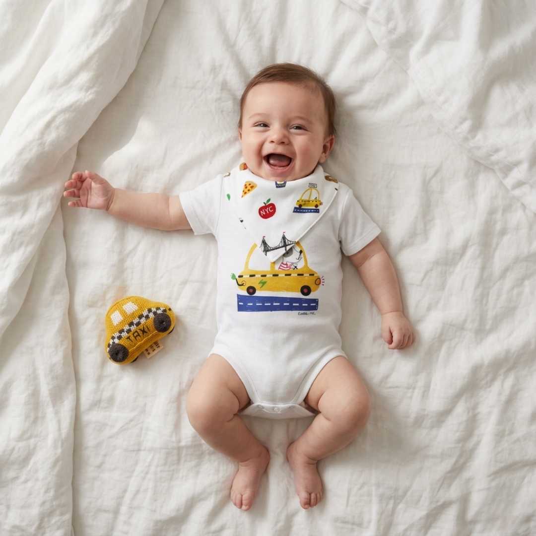 NYC Taxi Baby Gift Set | Organic Bodysuit Rattle & Bib | Estella