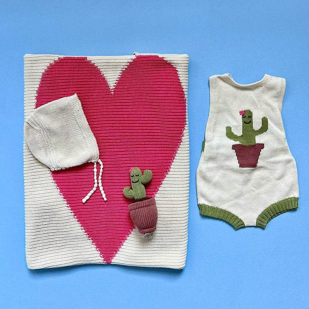 Organic Baby Gift Set - Hand Knit Newborn Romper with Cactus, Stuffed Toy, Bonnet Hat & Blanket with Heart - {{variant_option_1}}