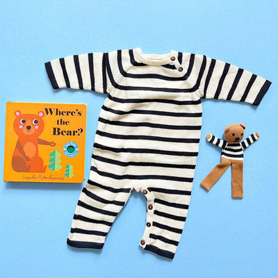 Organic Baby Gift Set - Handmade Newborn Long Romper, Book & Bear Toy - Black