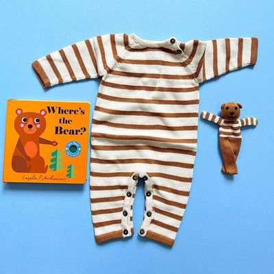 Organic Baby Gift Set - Handmade Newborn Long Romper, Book & Bear Toy - Brown