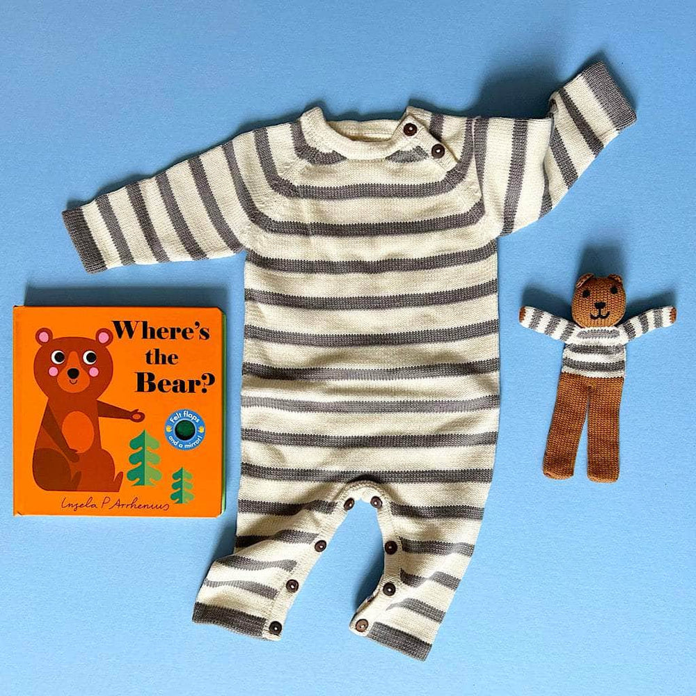 Organic Baby Gift Set - Handmade Newborn Long Romper, Book & Bear Toy - Grey