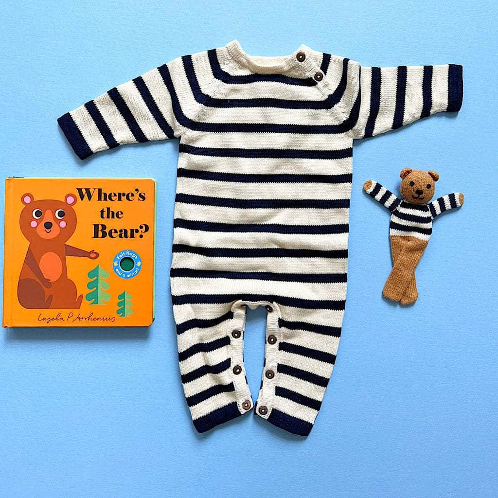 Organic Baby Gift Set - Handmade Newborn Long Romper, Book & Bear Toy - Navy