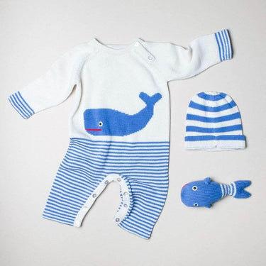 Newborn baby gift set with a whale themes infant romper, hat and toy. All organic cotton in whale blue and cream.