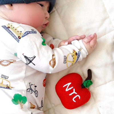 Organic Baby Gift Set - New York Onesie & Apple Rattle Toy on baby