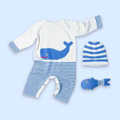 Whale Baby Gift Set: Knit Romper or Gown, Hat & Rattle