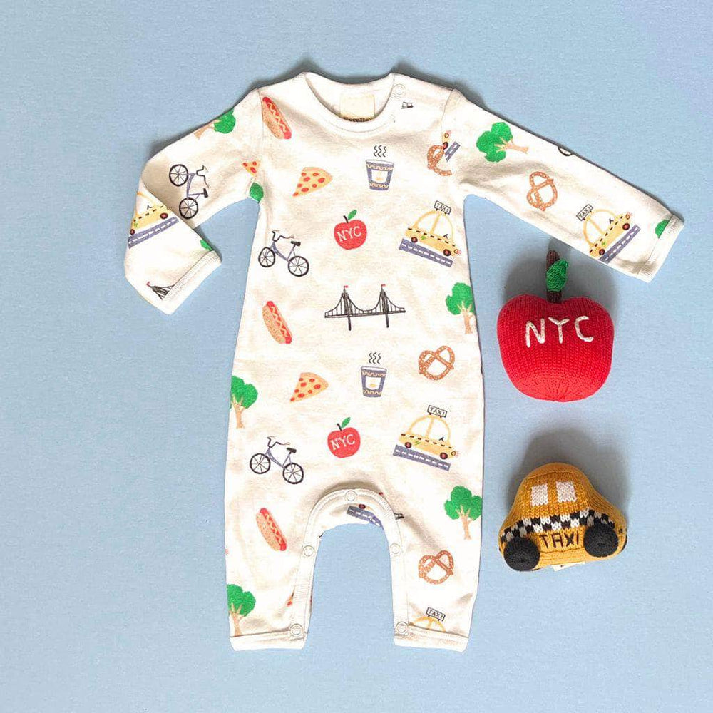 The Big Apple Adventure Gift Set - baby romper with NYC print, taxi & apple rattles.