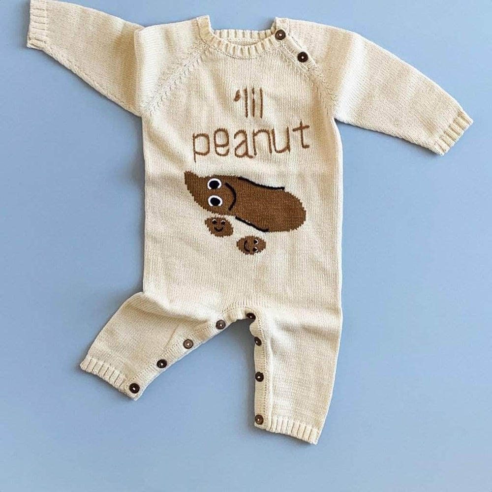 organic long sleeve peanut romper. Brown, and cream.