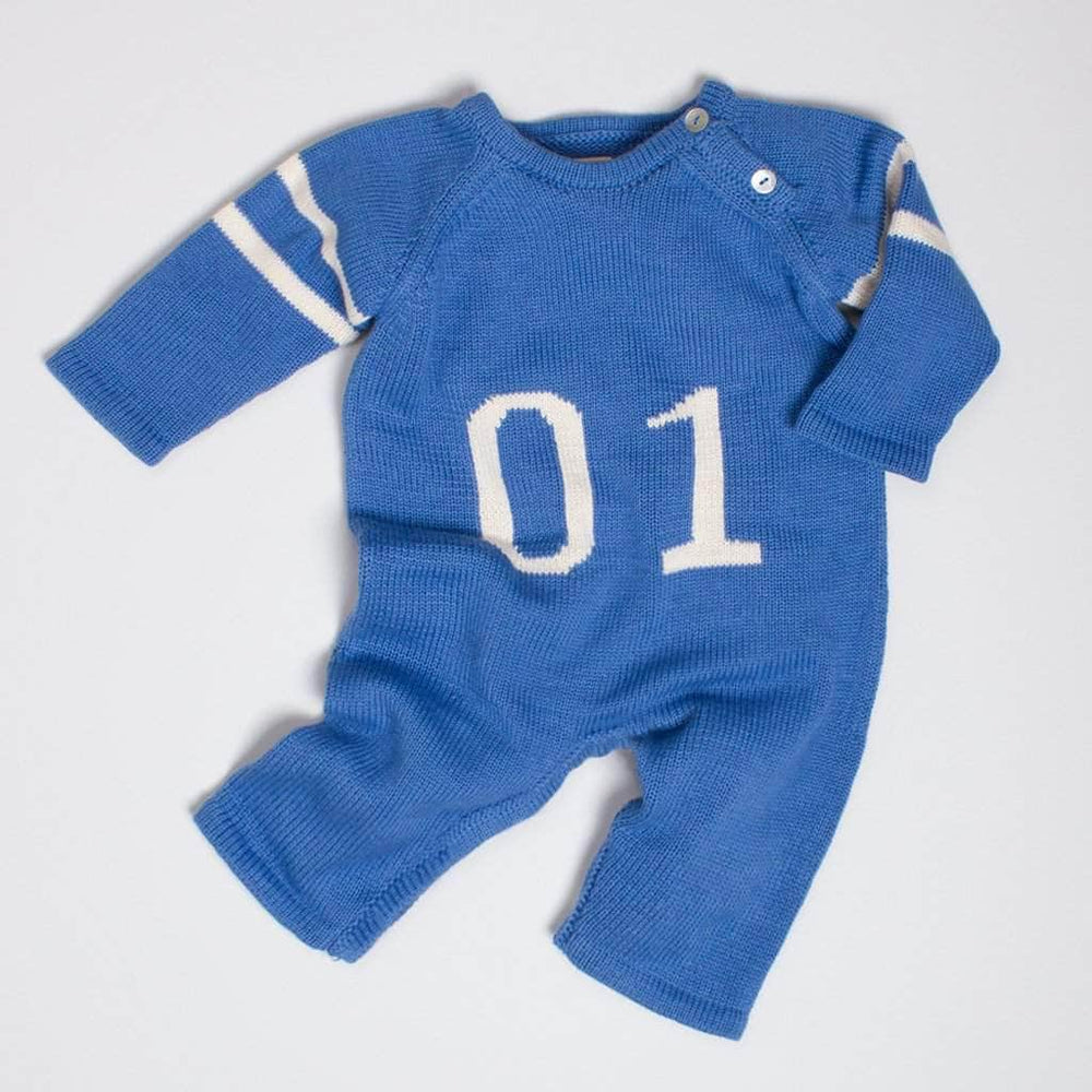 organic race car romper knit. Blue and white.
