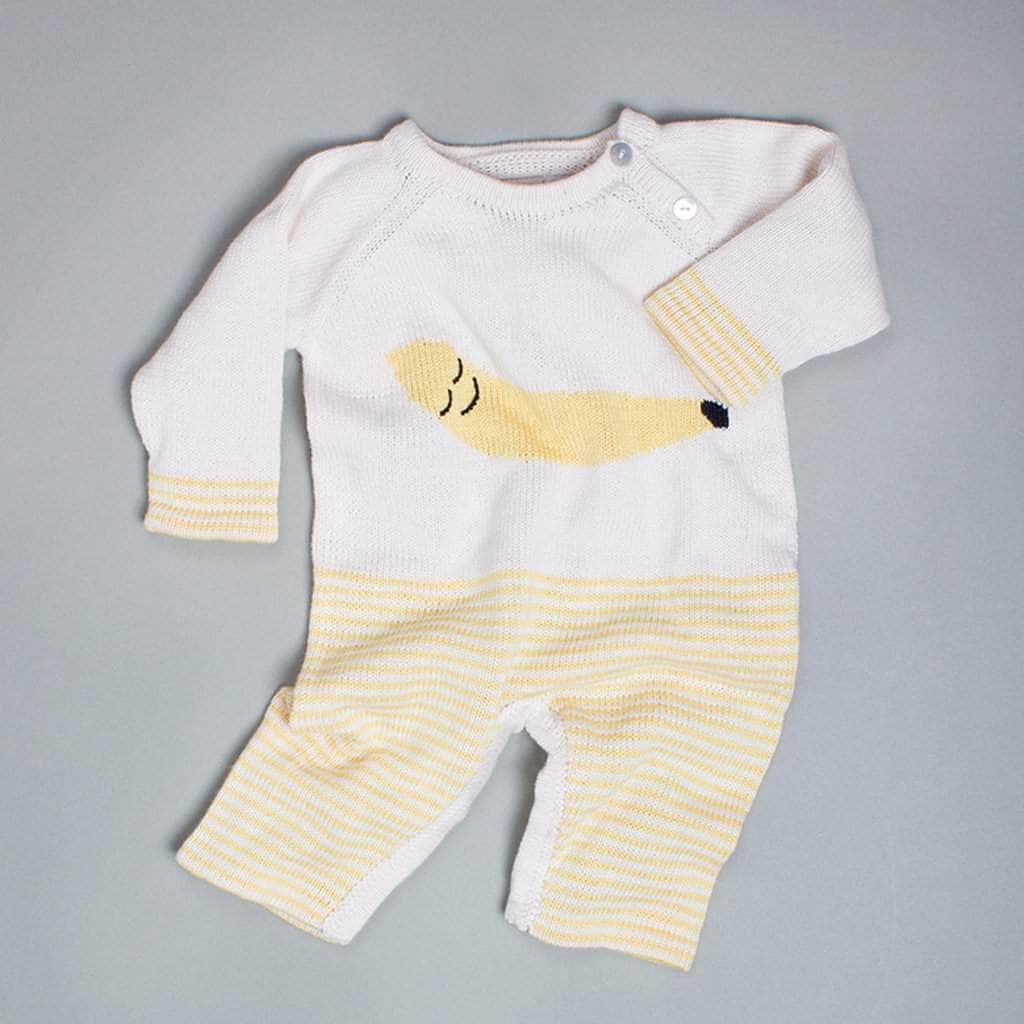 Organic Cotton Baby Romper - Long Sleeve and Leg Onesie - Banana Graphic - Front