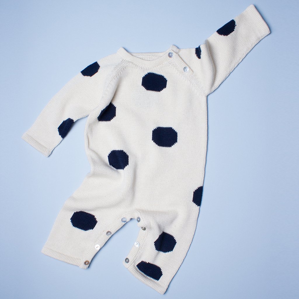 White Organic Cotton Baby Romper With Navy Dots