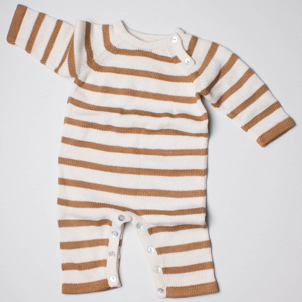 organic brown stripes long sleeve romper. Brown and cream. 