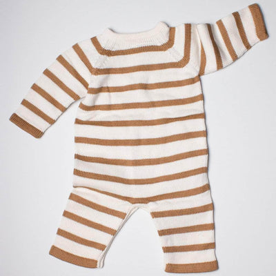 back of the brown stripes long sleeve romper.