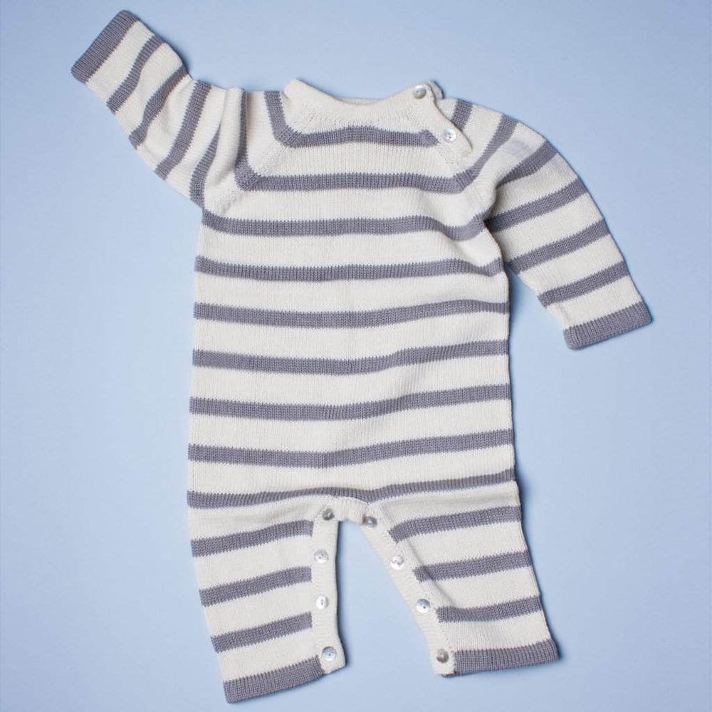 organic grey stripes long sleeve romper knit. Grey stripes and cream. 