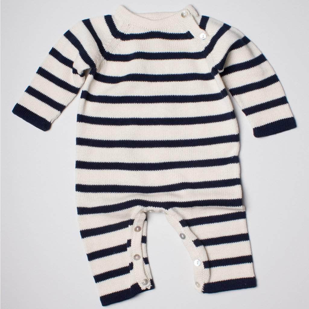 Organic Baby Romper, Long Knit - Stripe - Navy