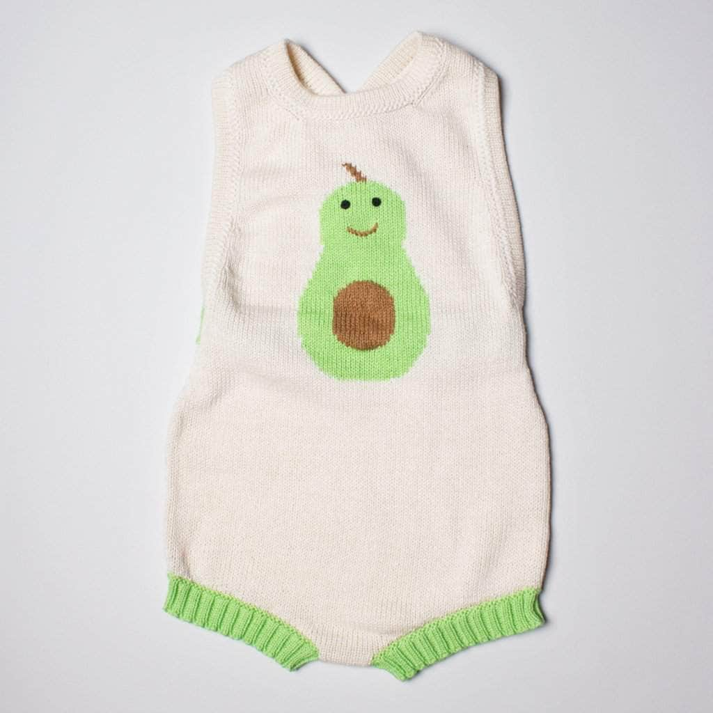 organic knit sleeveless avocado romper. Green, brown, and cream.