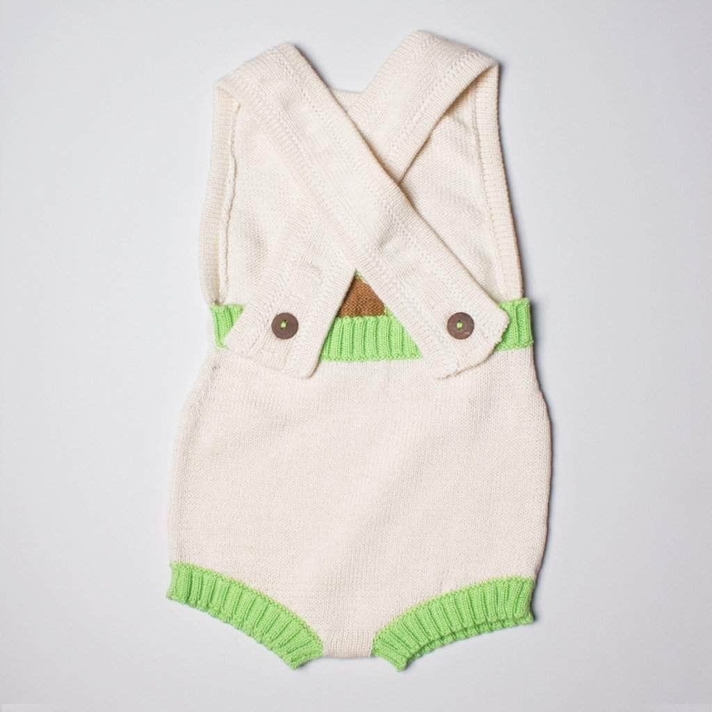 back of the sleeveless avocado romper. Green and brown.