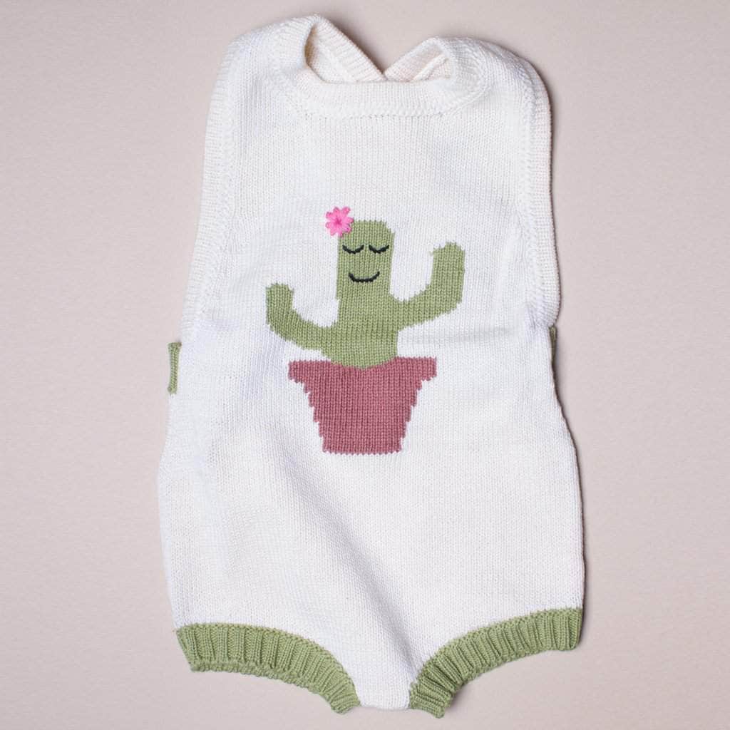 organic sleeveless cactus romper knit. Cream, brown, green, and pink.