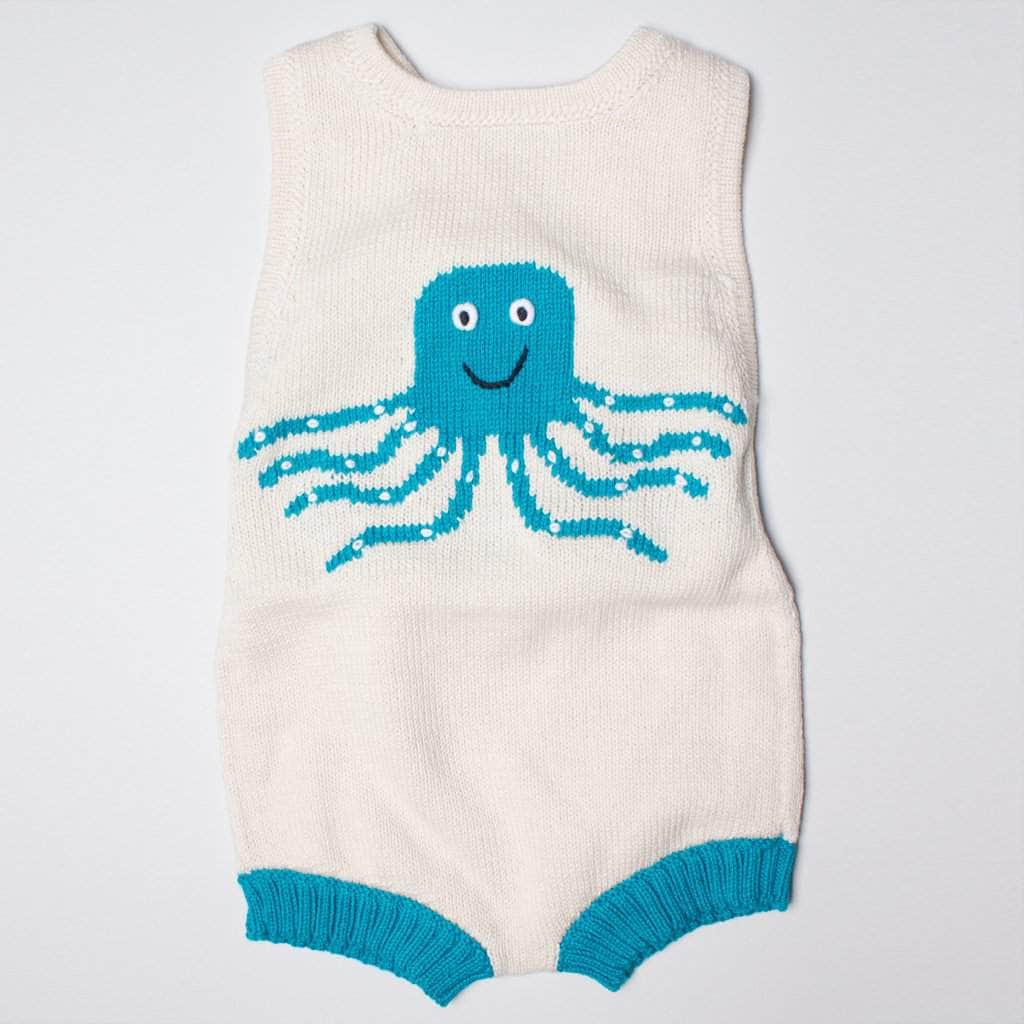 organic sleeveless octopus turquoise romper. Turquoise octopus graphic in the front on cream color romper. 