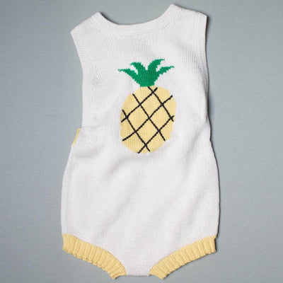 Organic sleeveless knit pineapple romper. Yellow, green, and cream color.