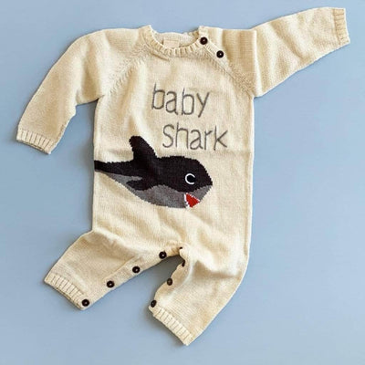 Shark baby romper, hand knitted baby clothes with shark image.
