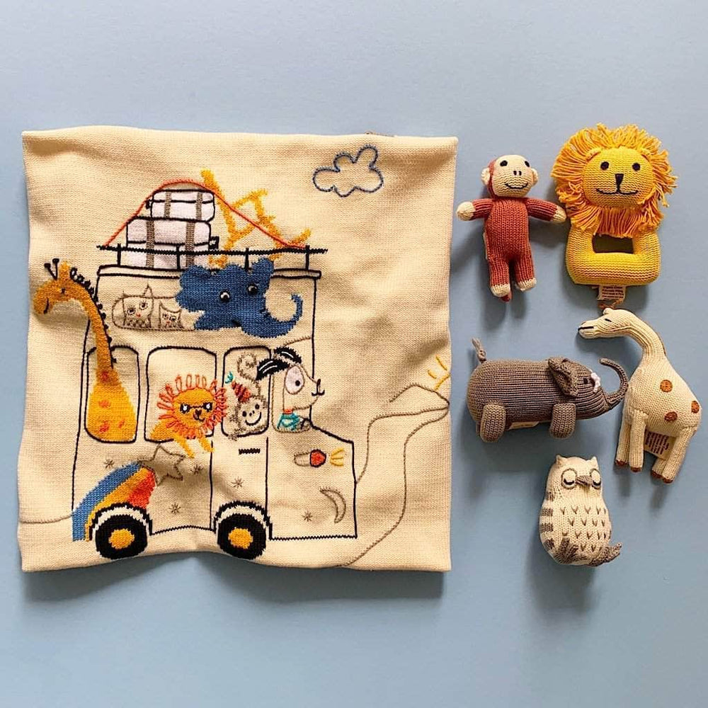 Baby gift set animal road trip blanket, monkey, lion, elephant, giraffe, and owl rattle toys. 