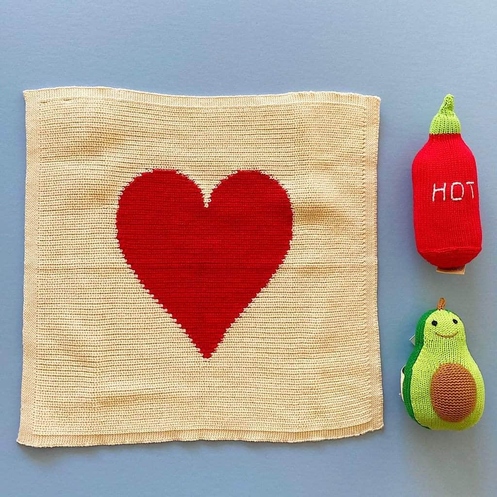 organic spciey gift set. Red heart blanket, hot sauce baby rattle, and avocado baby rattle.