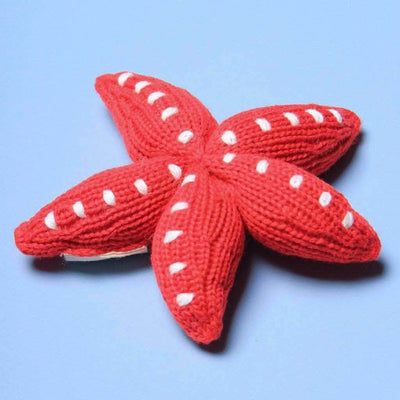 organic baby rattle starfish toy. Red and white dots. 