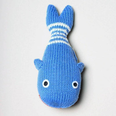 organic baby rattle whale toy. White stripe and blue.