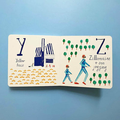 Picture of baby board book. "Y" is for Yellow taxis. "Z" is for Zillionaire + son jogging.