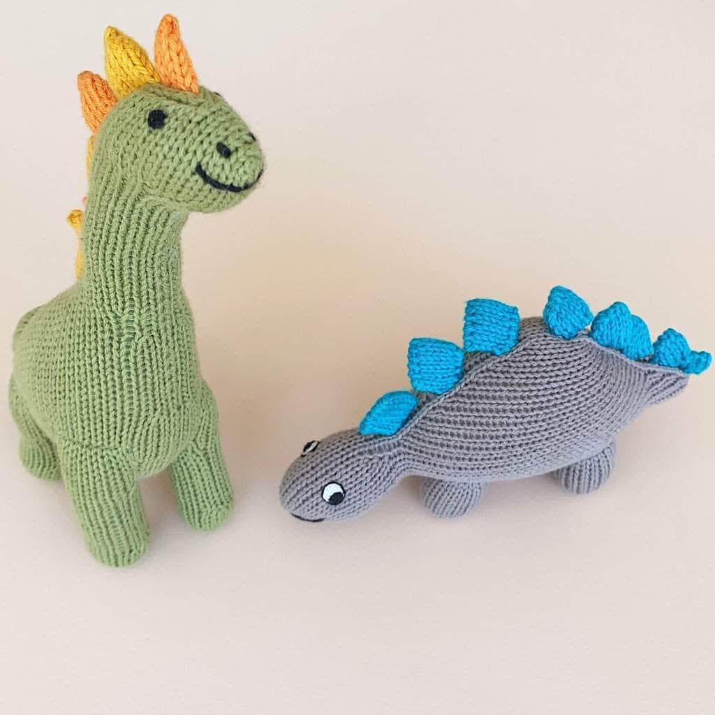 Organic Dinosaurs baby gift set. organic knit Stegosaurus baby rattle and Brachiosaurus baby rattle. 