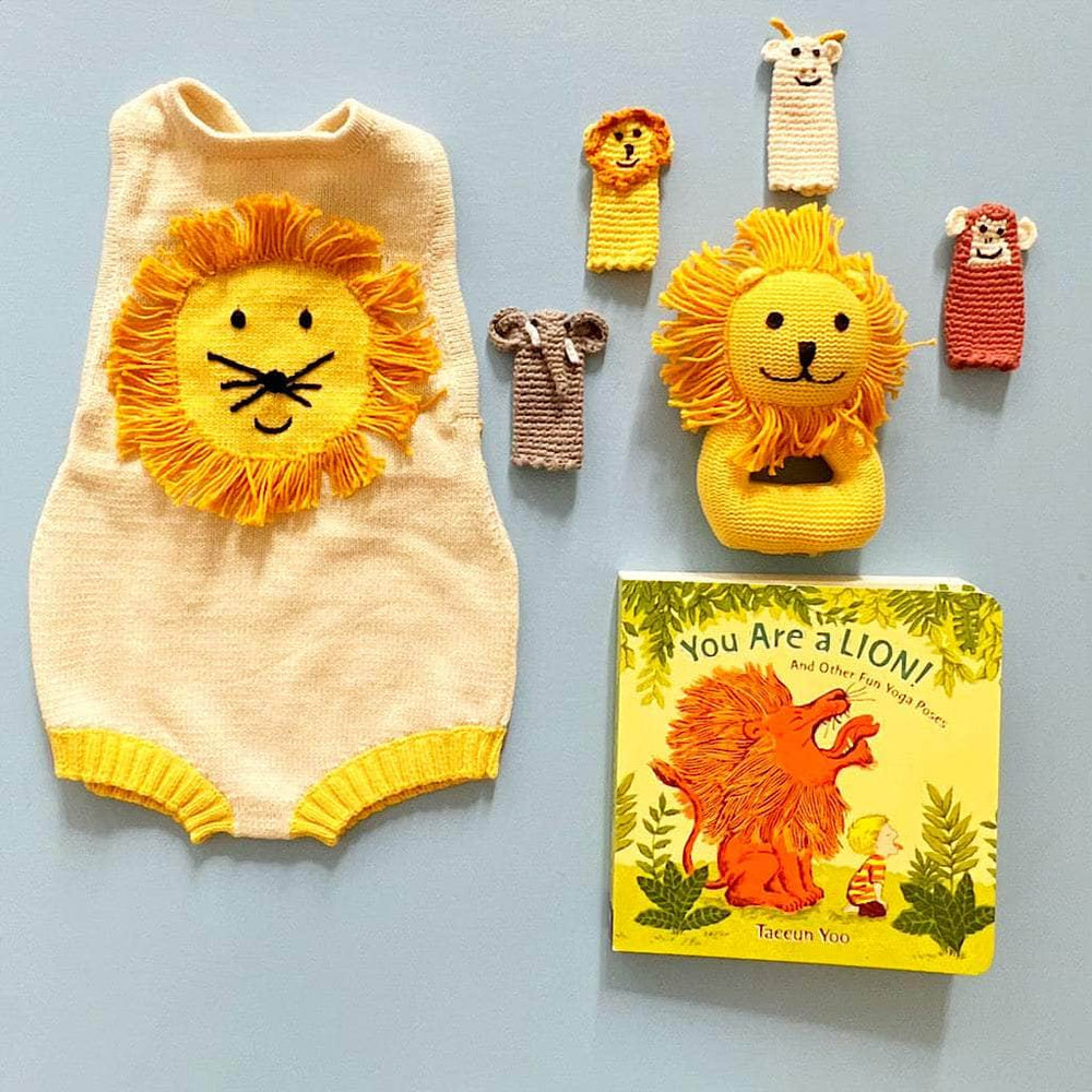 Jungle Buddies Organic Baby Gift Set | Sleeveless Baby Romper, Rattle, Lion Book and Finger Puppets - {{variant_option_1}}