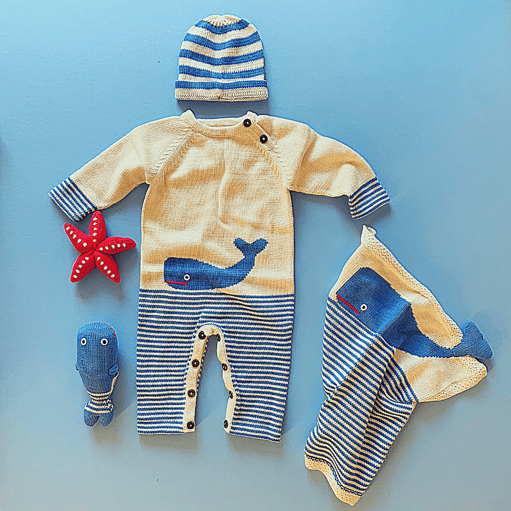 organic whale baby luxury gift set. blue stripes hat, whale blanket, long sleeve whale romper, starfish baby rattle, whale baby rattle.