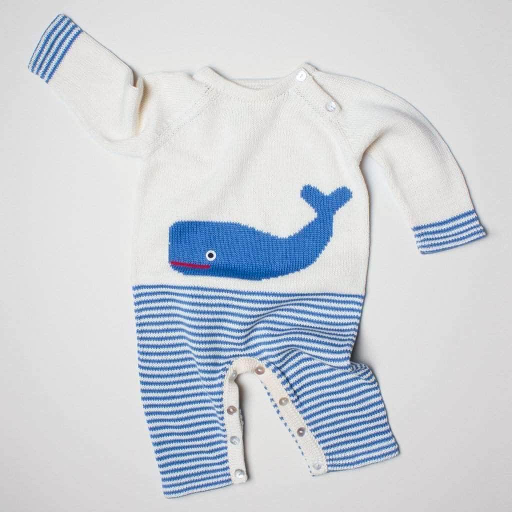 organic long sleeve whale romper. Cream, blue stripes with whale graphic image on the front. 