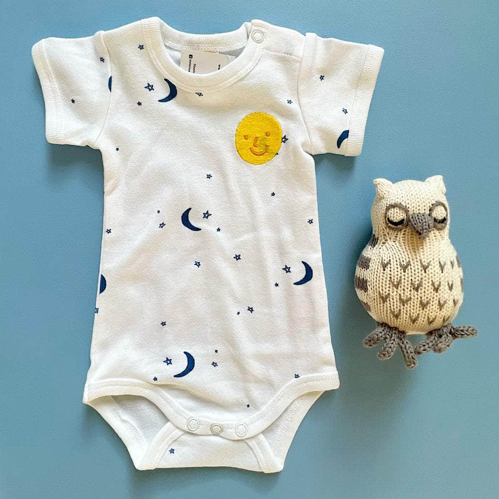 Moon & Stars Organic Baby Onesie & Owl Rattle Set - 0-3 Months