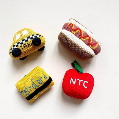 Baby Rattles Gift set - organic toy taxi, metro card, apple & hot dog newborn gift set by Estella